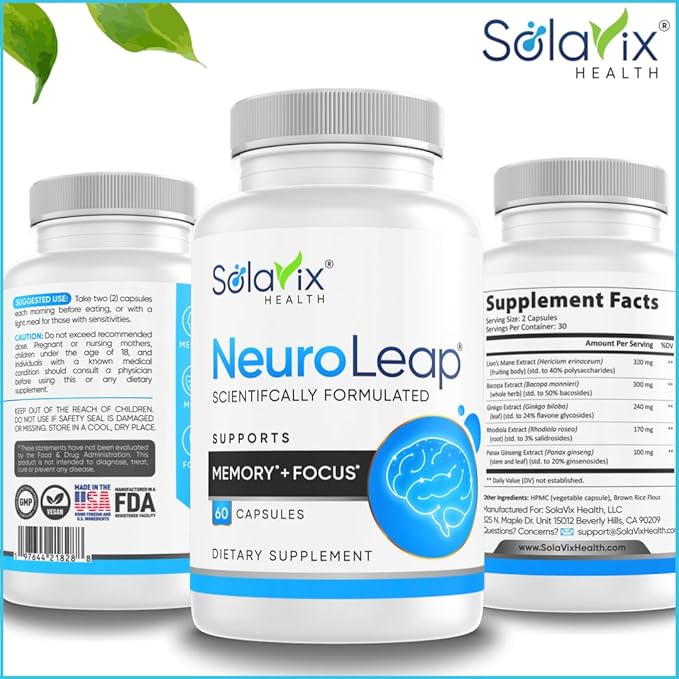 NeuroLeap Premium Nootropic Brain Health Supplement | US-Made | Supports Memory, Focus, Clarity, Energy | Easy-to-Swallow | Bacopa Monnieri, Lion's Mane, Rhodiola Rosea, Ginkgo, Ginseng |60 Count