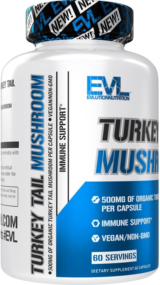 Evlution Nutrition Turkey Tail Mushroom - 500mg Organic Turkey Tail Mushroom per Capsule - Immune Support - Dietary Supplement - Vegan & Non-GMO - 60 Servings - 60 Capsules