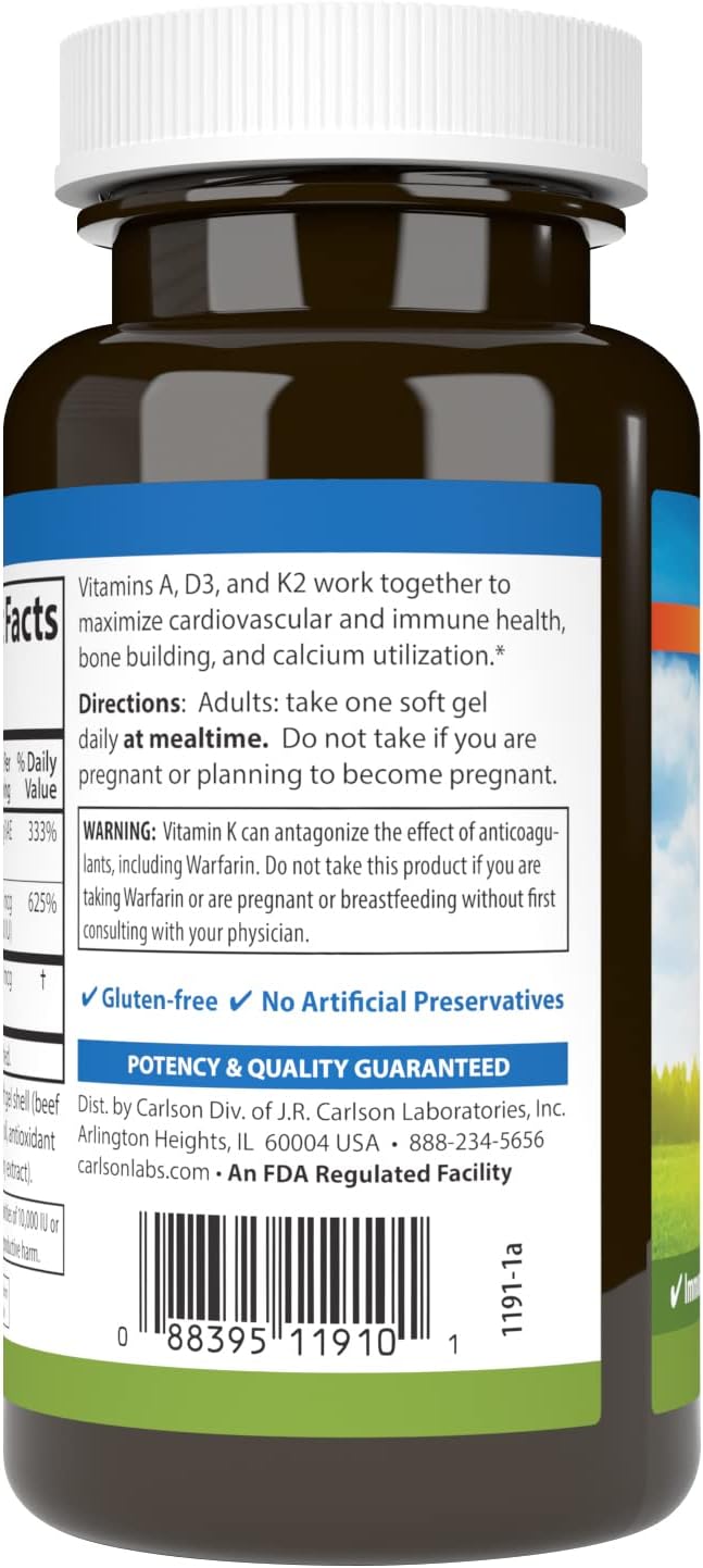 Carlson - Vitamins A, D3, K2, 3000 mcg RAE Vitamin A, 125 mcg Vitamin D3, 90 mcg Vitamin K2 as MK-7, Bone Building, Calcium Utilization, 120 Soft Gels