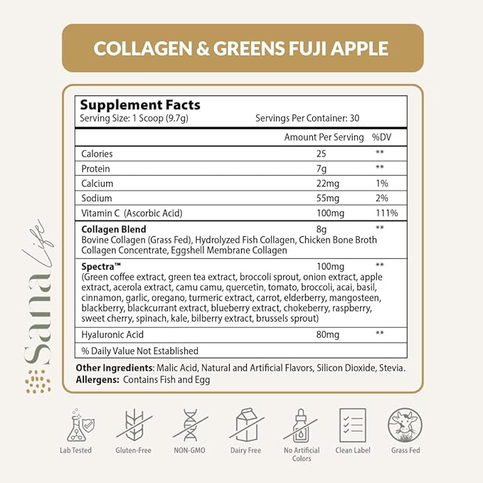 Collagen & Greens Powder, Multi-Collagen Supplement with Hyaluronic Acid for Skin, Hair, Nail & Gut Health - 30 Servings (Apple)