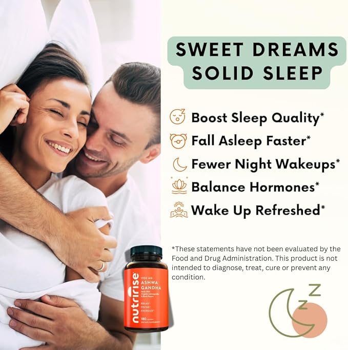 NutriRise Organic Ashwagandha Root Capsules with Black Pepper 1950mg, Natural Stress & Mood, Thyroid & Immune Support Supplement, Sleep Aid, Clarity, Focus & Energy, Gluten Free, 180 Count