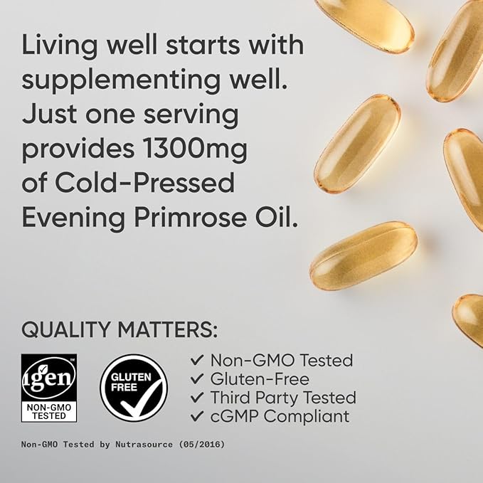 Sports Research Evening Primrose Supplement from Cold Pressed Oil - Softgels for Women’s Health & Skin Health - Gluten Free & Non-GMO GLA - High Potency 1300mg, 30 Count