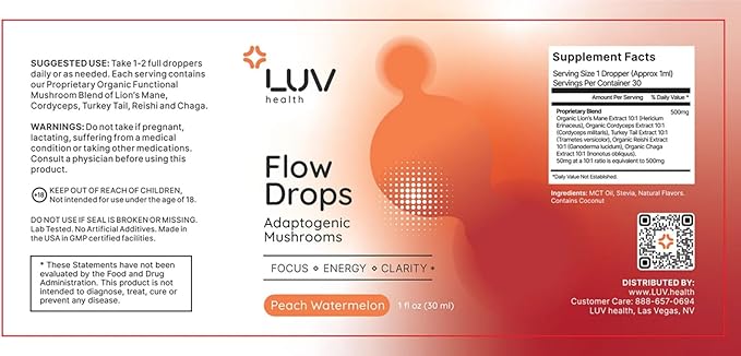 LUV Flow Drops®: Adaptogen Mushroom Blend for Mental Clarity & Energy, Vegan Keto, Focus & Immunity Support, Lion's Mane, Cordyceps, Reishi, USA Made, Non-GMO, 30 Servings (1)
