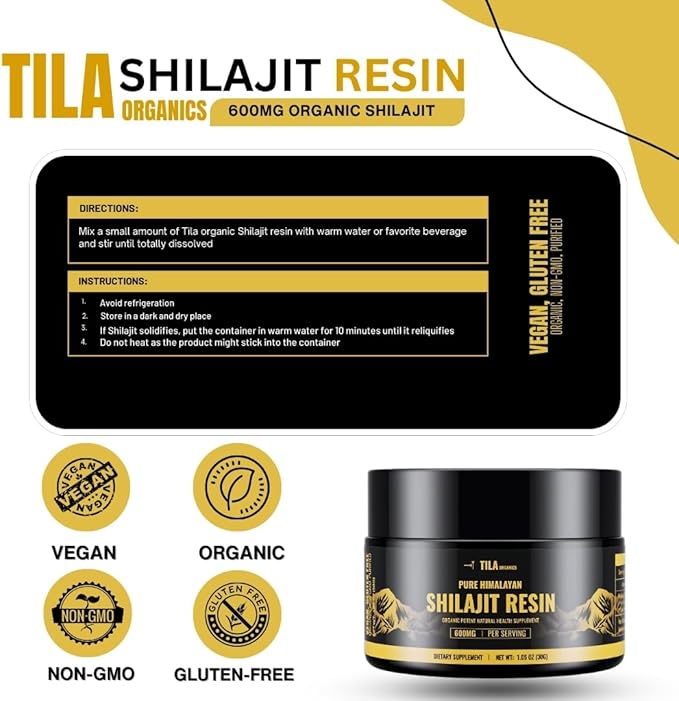 TILA Organic Pure Himalayan Shilajit Resin, Natural Supplement for Men & Women. Fulvic Acid and Humic Acid with Over 85 Trace Minerals. Vegan Gluten Free Non-GMO-600 mg-30g Jar