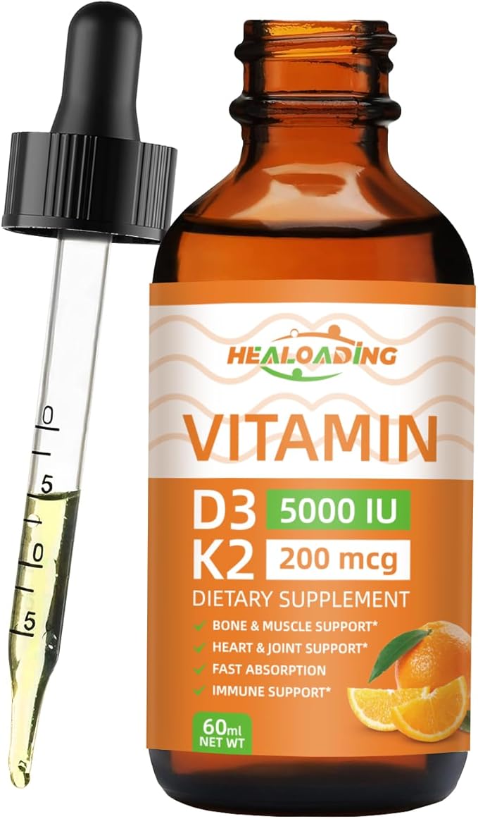 HEALOADING Vitamin D3 K2 Drops, Organic Plant D3 + K2, Vitamin D Liquid 5000 IU, K2 200 mcg Liquid K2 D3 Vitamin Supplements for Body’s Defenses, Faster Absorption, Healthy Bones and Immune Support