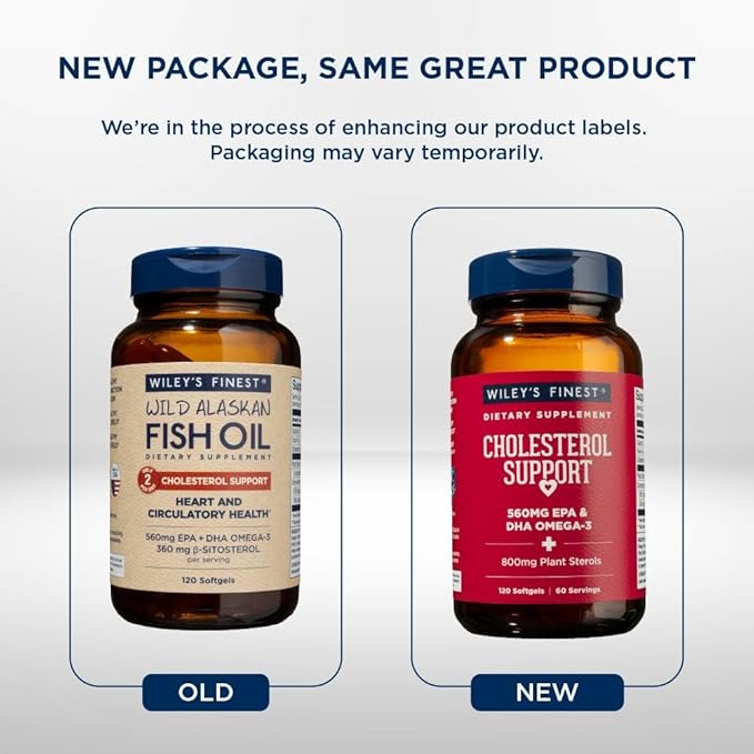 Wiley's Finest Wild Alaskan Fish Oil Cholesterol Support - Heart Health Supplement for Men and Women - 560mg Omega-3s - 120 Softgels (60 Servings)
