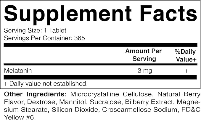 Vitamatic Melatonin 3mg Tablets | Vegetarian, Non-GMO, Gluten Free | 1 Year Supply | Natural Berry Flavor - 365 Tablets