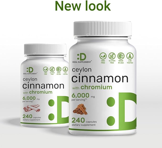 Ceylon Cinnamon 6,000mg with Chromium 1,000mcg Per Serving, 240 Capsules –Active Inner Bark Extract – True Sri Lanka Source – Natural Cinnamon Supplements– Non-GMO