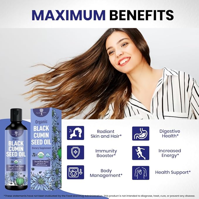 Organic Black Cumin Seed Oil-USDA-Cold Pressed –up to 6X Stronger Thymoquinone - Pure Nigella Sativa Cumin Seeds -Premium Supplement for Immune Support, Skin & Hair (8.5 oz)