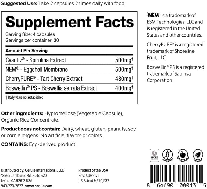 Cerule Cyactiv Spirulina Support Supplements for reducing Joint and Muscle Discomfort, Improving Energy, Mobility and Overall Health - 60 Vegetarian Capsules