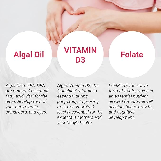 Vegan Prenatal with Full Specrum Omega-3 | Algae DHA, EPA, DPA, Vitamin D3 & Active Folic L 5-MTHF | Vegan Society Certified, Sustainably Sourced, Non-GMO & Soy Free | 120 Veggie Softgels