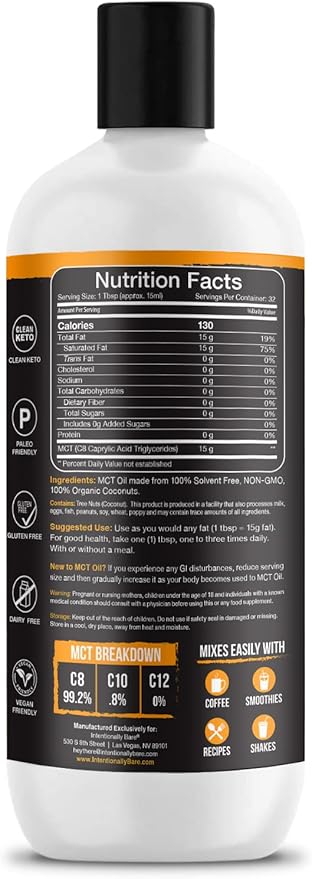 Intentionally Bare Pure C8 MCT Oil Organic - Brain Octane C8 MCT Oil for Clean Energy, Keto Paleo and Vegan Diet - Unflavored Brain Octane for Coffee, Shakes and Salads - Coconut MTC 16oz