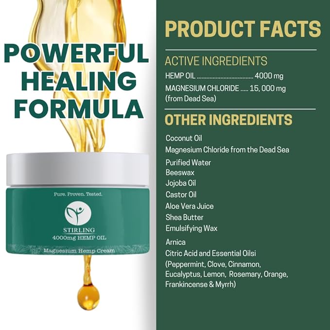 STIRLING Magnesium Cream - 4000mg Hemp Oil + Magnesium & Arnica - Promotes Relief for Joint and Muscle Discomfort, Back Support, and More - Made in USA with Premium Ingredients