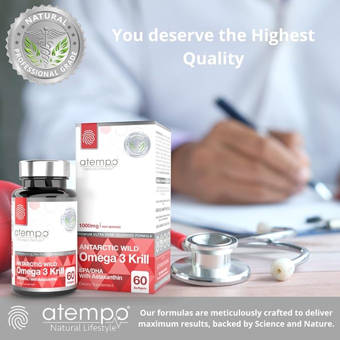 Antarctic Krill Oil 1000mg Rich in Omega 3 Healthy Fatty Acid Extra Strength EPA & DHA with Natural Astaxanthin, Heart & Brain Health, Superior Absorption 60 Small softgels. No Aftertaste or Reflux