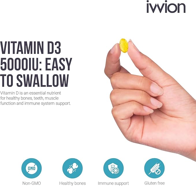 Certified Preservative-Free Vitamin D3 5000 IU Softgels Capsules - Gluten Free, Non-GMO - Vitamin D Supplement Support for Healthy Bones Muscle and Immune System, Made in UK, 365 Count (1 year supply)