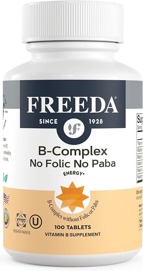 Freeda Vitamin B Complex No Folic No PABA - Super B Complex Kosher Vitamin Supplement with Vitamin B1 Vitamin B2 Vitamin B3 Vitamin B5 Vitamin B6 Vitamin B12 - Vit B Complex B for Women & Men (100 Ct)