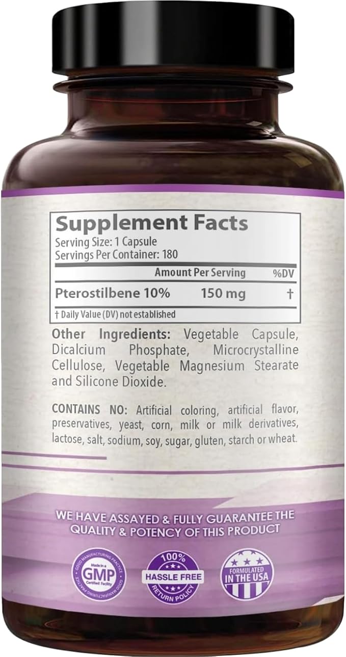 150mg Pterostilbene Supplement - Once Daily Antioxidant Supplement for Healthy Aging Immune Heart Skin and Brain Support - Naturally Derived Non-GMO & Made in The USA (180 Servings)