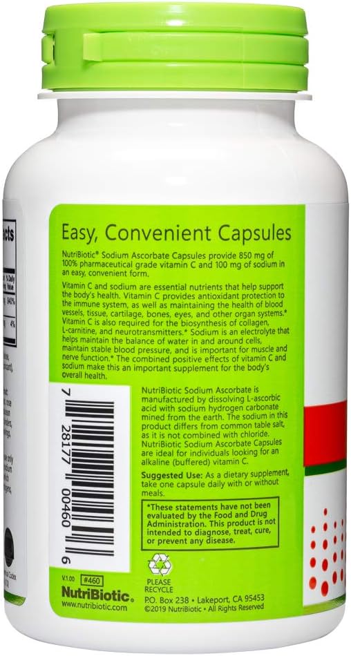 NutriBiotic - Sodium Ascorbate Buffered Vitamin C Capsules, 100 Ct | Vegan, Non-Acidic & Easier on Digestion Than Ascorbic Acid | Essential Immune Support & Antioxidant Supplement | Gluten & GMO Free