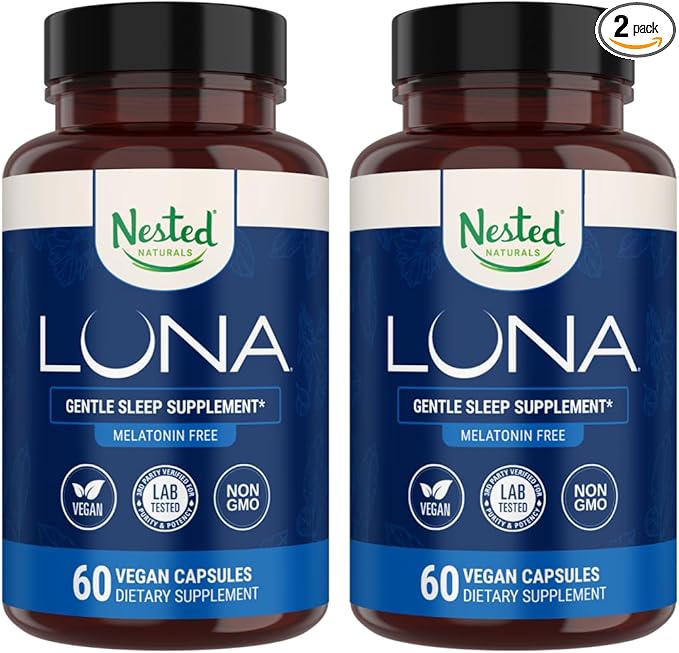 Nested Naturals Luna Melatonin-Free Pack of Two, Bedtime Supplement for Adults, Herbal Nighttime Sleeping Capsule, Valerian Root with Chamomile, Lemon Balm, Non-GMO, Gluten-Free