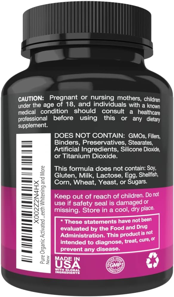 Pure Organic Activated Charcoal Capsules - 600mg per Capsule, 90 Vegetarian Capsules