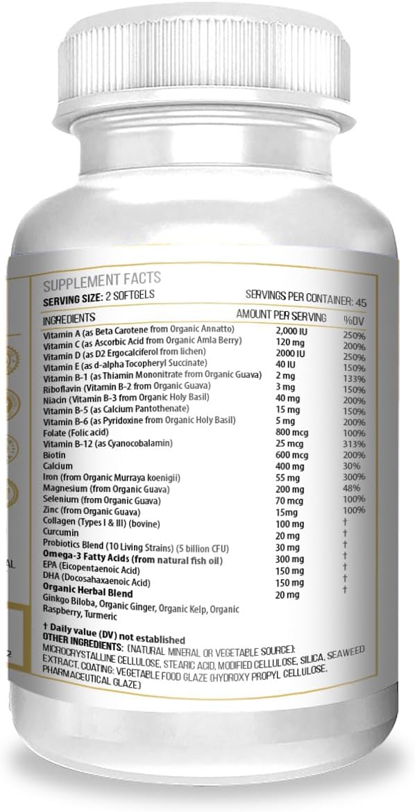 ACTIF Organic Multivitamin for Women Age 70+ with 20+ Advanced Factors and Omega-3 Oil, Non-GMO, Made in USA, 90 Count RealCaps