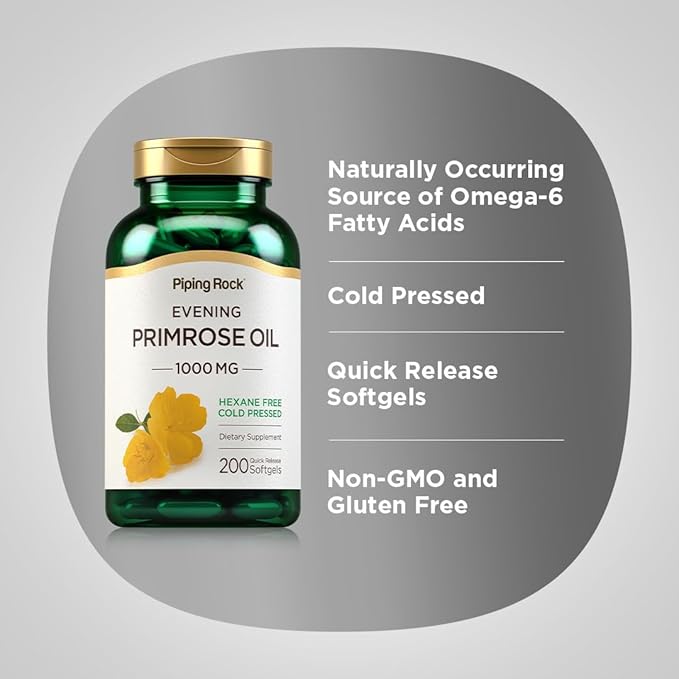 Piping Rock Evening Primrose Oil Capsules 1000mg | 200 Softgels | Cold Pressed Supplement | Non-GMO, Gluten Free