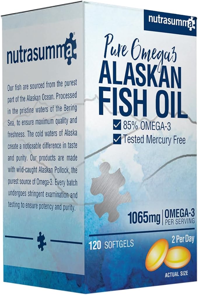 High Purified Omega 3 Supplement Wild Alaskan Fish Oil Burpless & No Fishy Taste, 650mg EPA &270mg DHA of 1250mg Fish Oil softgels, Gluten Free, Heart, Brain& Immune Support, 60 Servings