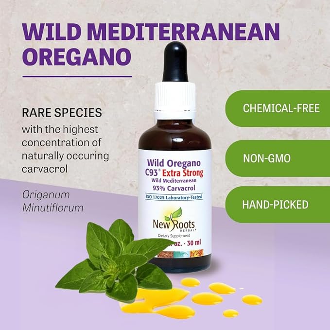 New Roots | Wild Oregano Oil Extra Strong | 93% Carvacrol Oregano Oil Liquid Drops (1 fl oz) | Highest Concentration of Carvacrol |Alcohol Free, Non GMO, Vegan, Gluten Free