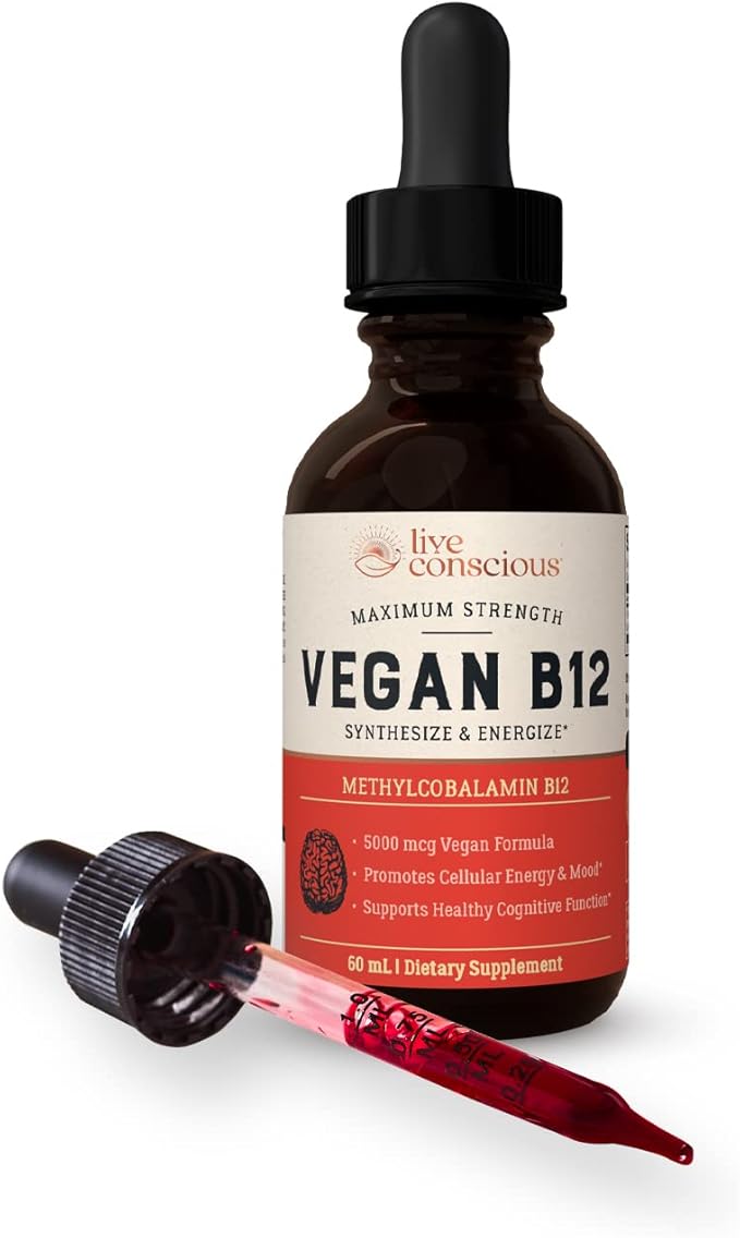 Vegan Vitamin B12 Sublingual Liquid Drops by Live Conscious- Methylcobalamin Max Strength B12 5000mcg Formula - Vegan B 12 Vitamin Support Energy, Promote Memory & Aid Immune System - 60 Serving