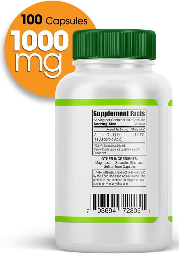 Vitamin C 1000mg, 100 Capsules, Dietary Supplement Capsules