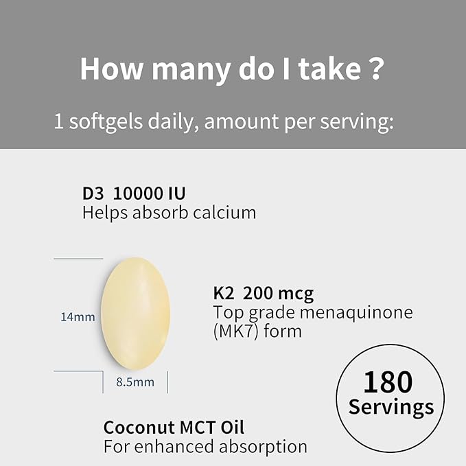 d3 k2 Vitamin 10000 iu, 180 Coconut Oil Softgels | 2 in 1 Vitamins Supplement D3 10000 IU & K2 (MK7) 200 mcg, Easy to Swallow, Supports Calcium Absorption, Bone Immune, & Heart Health