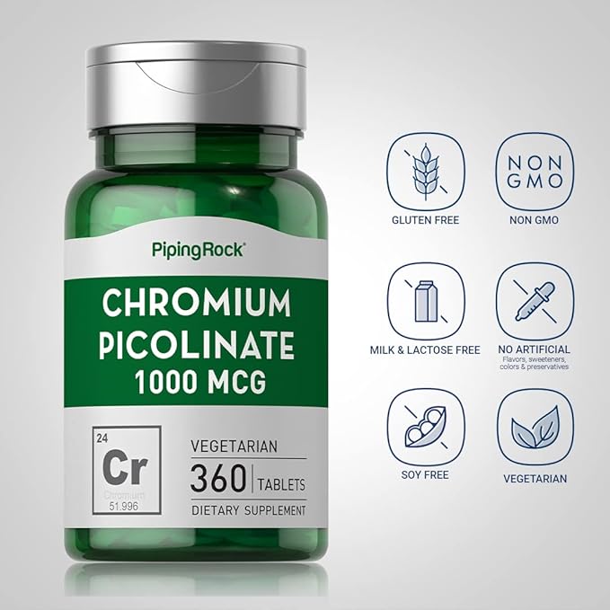 Piping Rock Chromium Picolinate 1000mcg | 360 Tablet Pills | Chromium Supplement | Vegetarian, Non-GMO, Gluten Free Supplement