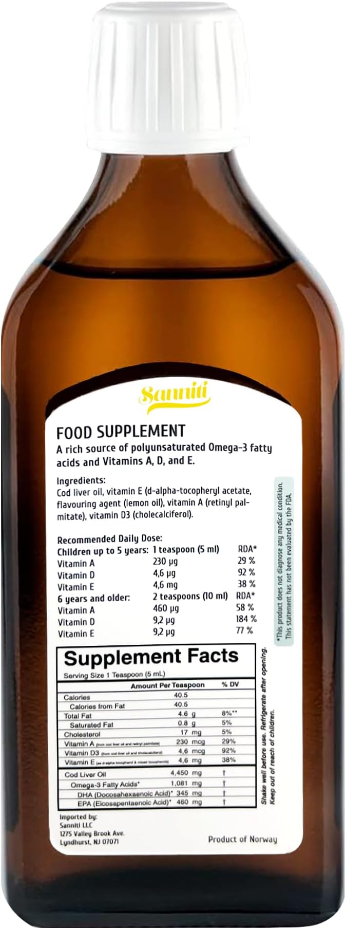 Sanniti 100% Natural Cod Liver Oil, Wild Caught Nordic, 250 ml (Pack of 2) (Lemon)
