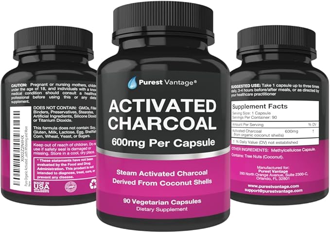 Pure Organic Activated Charcoal Capsules - 600mg per Capsule, 90 Vegetarian Capsules
