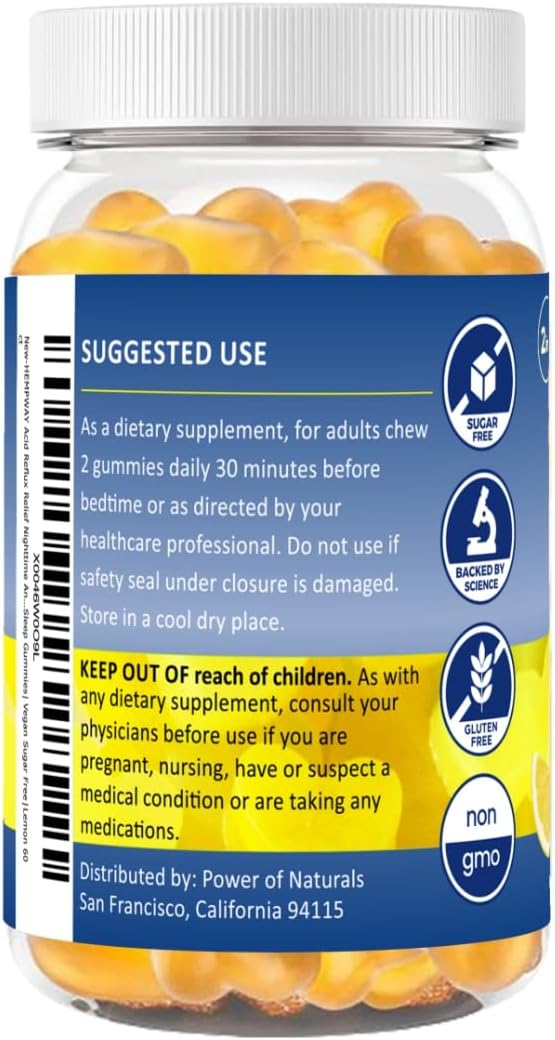 Reflux Raft Antacid Gummies | Fast Acting | 2 in 1 Sleep and Acid Reflux Relief Nighttime | clinically Studied Ingredients| Non-GMO Gluten Free Sugar Free | Lemon 60 Vegan Gummies