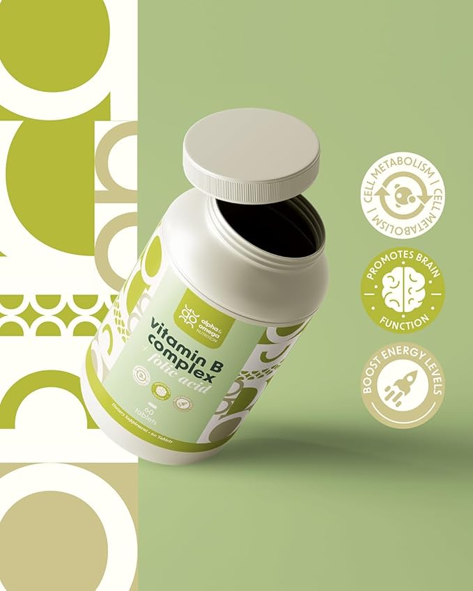 Alpha & Omega Nutrition Vitamin B-Complex + Folic Acid, Support Neurological and Cardiovascular Health, Energy Levels & Nervous System Support, Vitamin B12, Biotin & More - 60 Tablets, 2 Mo Supply