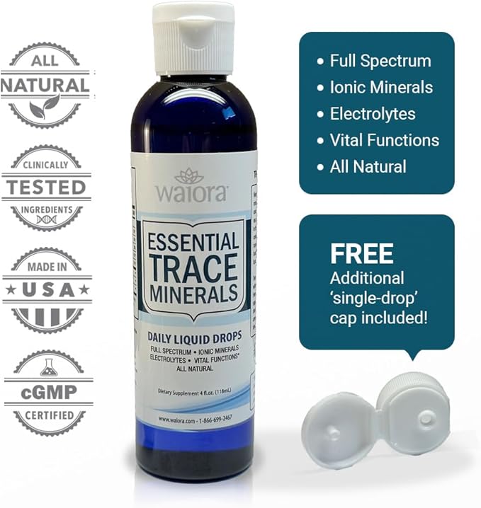 Waiora Essential Trace Minerals | Help Replenish Lost/Depleted Mineral | 60+ Ionic Trace Minerals | Support Body’s Vital Functions, pH Balance | Plus Electrolytes for Hydration (4 Bott /192 serv)