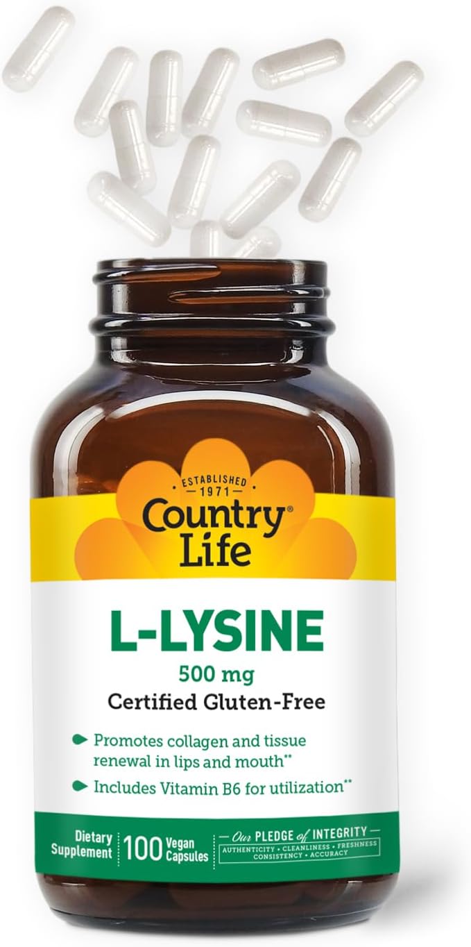 Country Life L-Lysine 500mg with B-6, Supports Immune Health, Promotes Collagen Renewal in Lips and Mouth, 100 Vegan Capsules, Certified Gluten Free, Certified Vegan