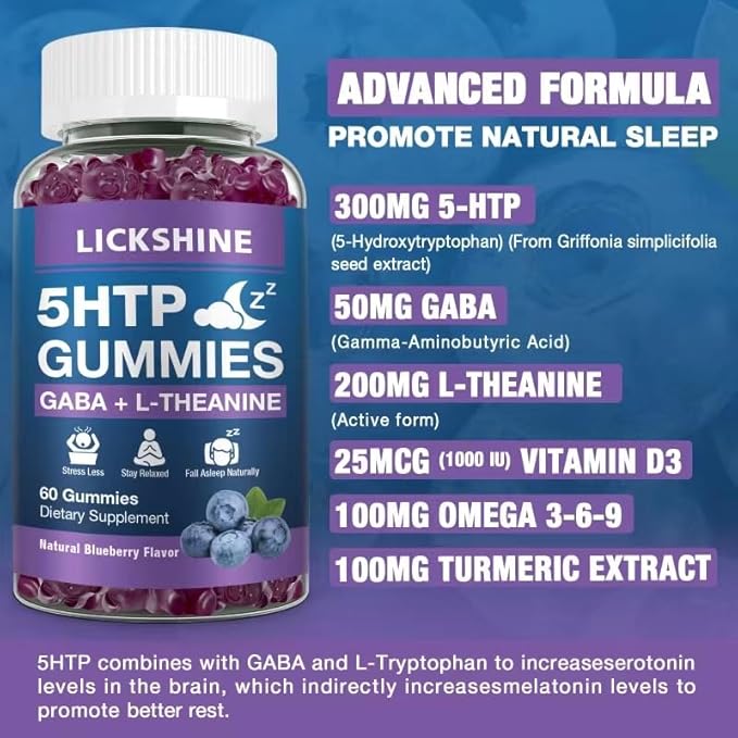 2 Pack 300MG 5-HTP GABA Sleep Supplement Gummies with 200mg L-Theanine Supplement for Brain, Mood Stabilizer and Sleep Support, Melatonin-Free, Omega 3-6-9 for Natural Zzzs, Blueberry Flavor