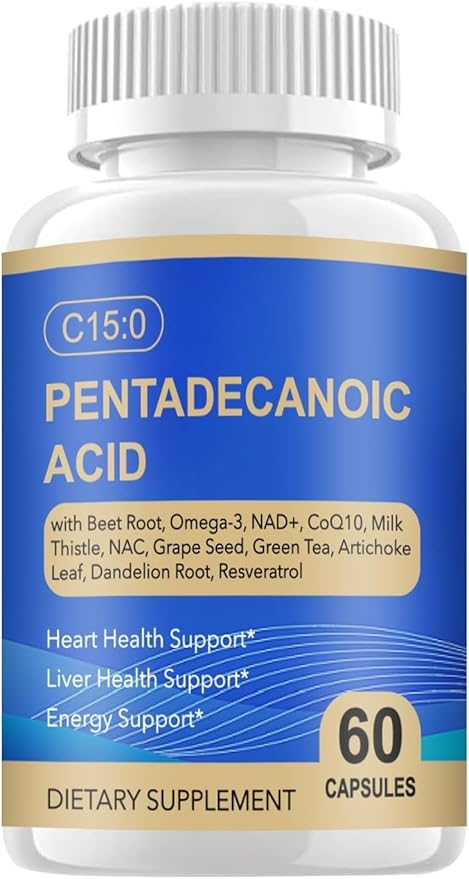 C15:0 Pentadecanoic Acid Supplement with Omega-3, CoQ10, NAD+, Vitamins, 15-in-1 Pentadecanoic Acid, Essential Fatty Acids for Longevity Supplement, Liver Health, Energy Support - Pack of 1