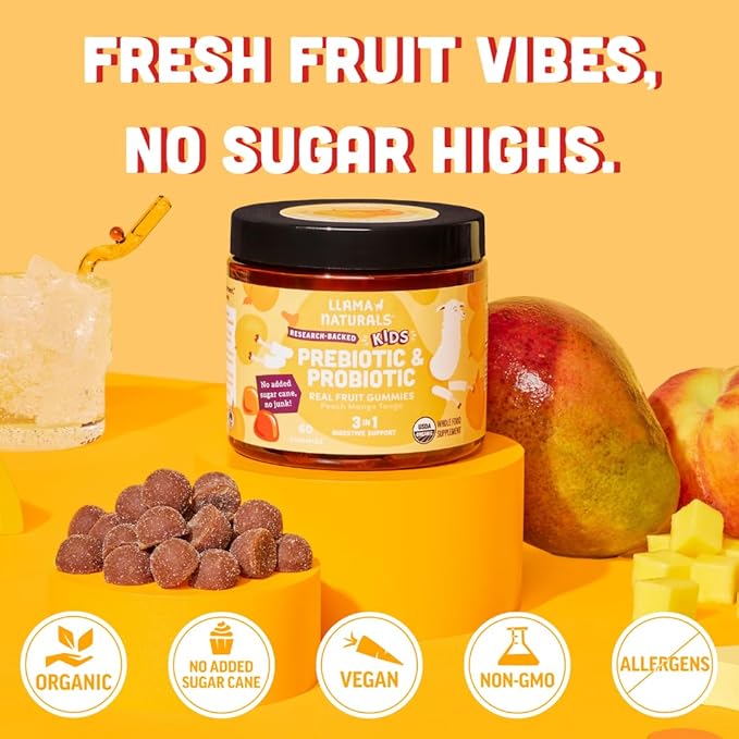 Llama Naturals Kids Probiotic with Prebiotic Fiber, Vegan, Organic Prebiotics and Probiotics Gummies for Gut Health Support, Toddler Real Fruit Gummy Vitamins, No Added Sugar Cane, Peach Mango, 60 Ct