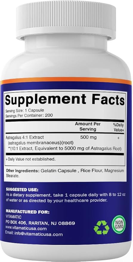 Vitamatic Astragalus Capsules 200 Veg Capsules - 10:1 Astragalus Extract 500mg - Non-GMO, Gluten-Free