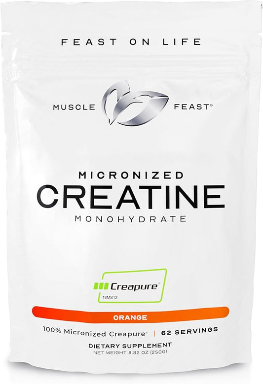 Muscle Feast Creapure Micro - Micronized Creatine Monohydrate Powder | Premium Pre-Workout or Post-Workout | Easy to Mix, Gluten-Free, Safe and Pure, (Orange, 250g)