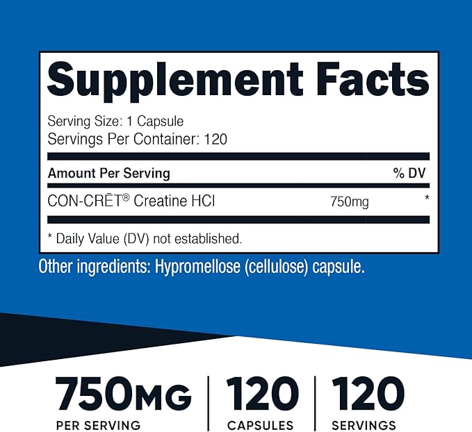 Nutricost Creatine HCl 120 Capsules - Made with CON-CRET Creatine, 750 MG Per Capsule