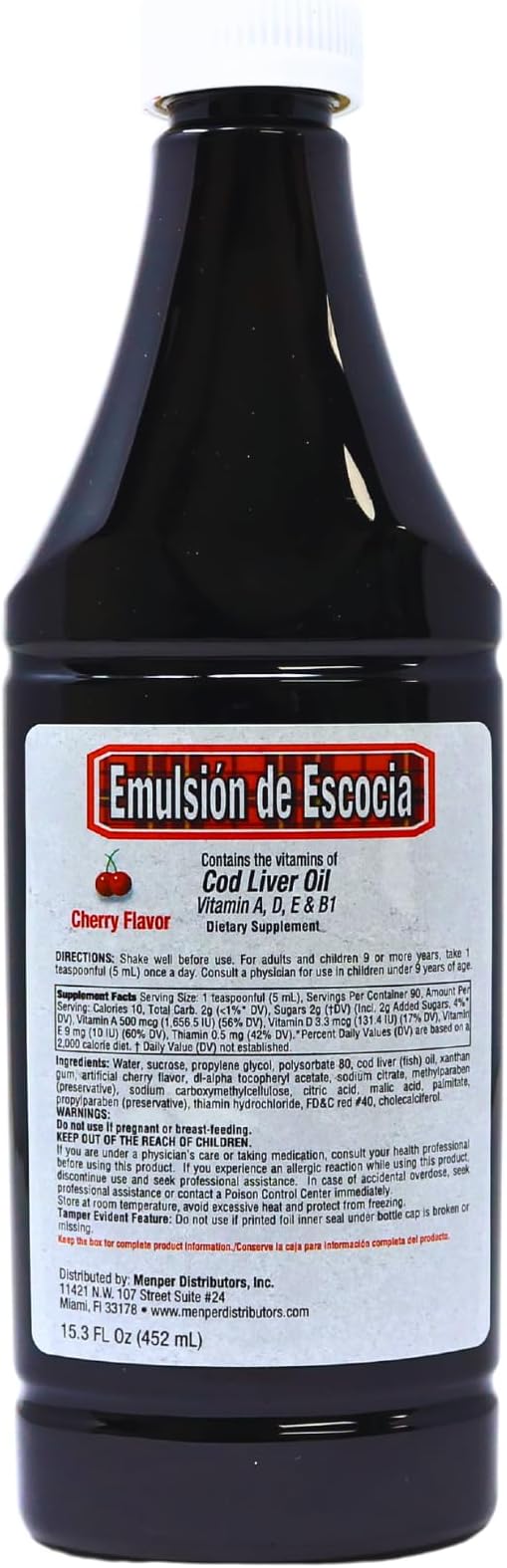 Cod Liver Oil, Dietary Supplement, Vitamins A, B1, D and E, Immune System Support, Cherry Flavor (15.3 Fl Oz/Pack of 1)