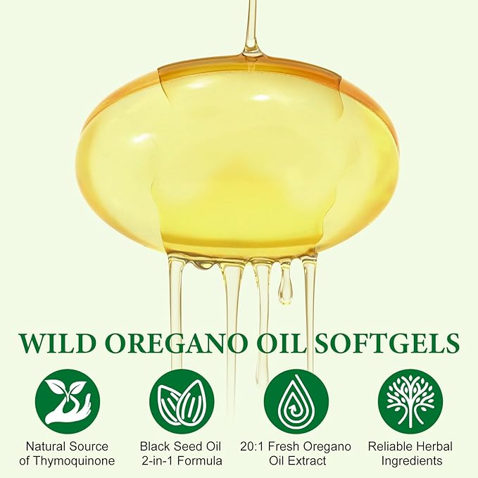 Oil of Oregano 120 Softgels, Wild Oregano Oi_l Garlic Extract Olive Leaf and Black Seed Oil - Plant Based, Immune Support & Digestive Health Supplement for Women and Men