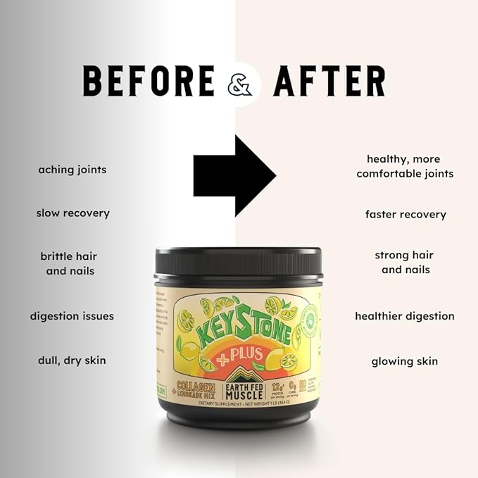 Earth Fed Muscle Keystone Plus Lemonade Collagen - Hair, Skin, Joints, 33 Servings