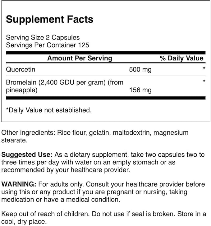 Swanson Quercetin & Bromelain- Supplement- Unique Natural Formula-(250 Capsules, 260/78mg Each)