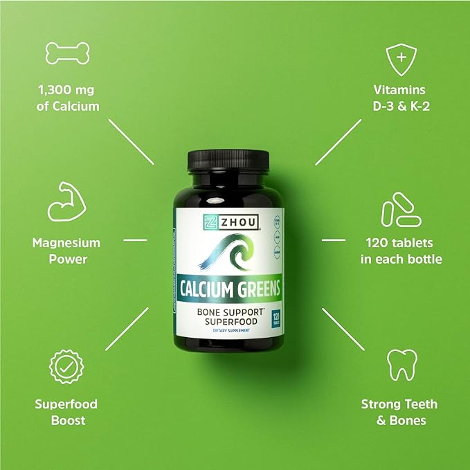 Zhou Nutrition Calcium Greens, Bone Support Superfood, Calcium Magnesium Supplement from Algae, Vitamin D3 K2, 1300mg of Calcium, 120 Tablets