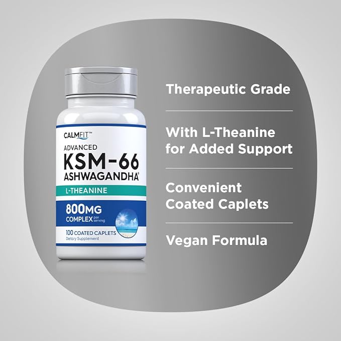 Piping Rock KSM-66 Ashwagandha L-Theanine | 800mg | 100 Caplets | Root Extract | Advanced Complex Supplement | Vegan, Non-GMO, Gluten Free